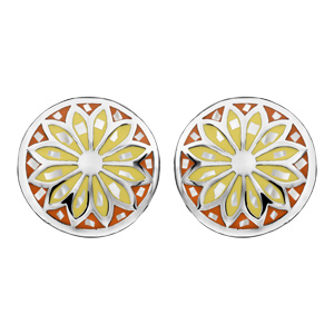 Boucles d’oreilles Stella Mia en acier et nacre blanche véritable plateau rond bombé motif fleur et dégradé de jaune et orange et fermoir poussette
