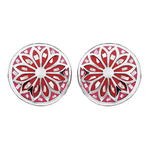 Boucles d'oreilles Stella Mia en acier et nacre blanche véritable plateau rond bombé motif fleur et 
