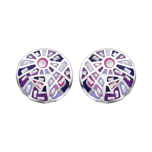 Boucles d’oreilles Stella Mia en acier et nacre blanche véritable plateau rectangulaire bombé avec motifs géométriques et dégradé de rose et violet et fermoir poussette