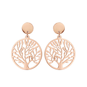 Boucles d'oreilles en acier et PVD rose nature rond suspendu avec arbre de vie et fermoir poussette