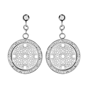 Boucles d'oreilles en acier et oxydes rond suspendu avec rosace dentelée et fermoir poussette