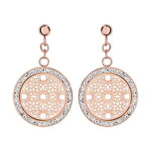 Boucles d’oreilles en acier et oxydes et PVD rose rond suspendu avec rosace dentelée et fermoir poussette