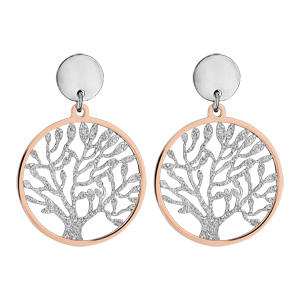 Boucles d’oreilles en acier, PVD rose etffet givré anneau suspendu avec arbre de vie à l’intérieur et fermoir poussette