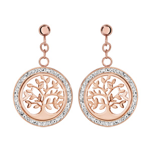 Boucles d’oreilles en acier et oxydes et PVD rose rond suspendu avec arbre de vie ajouré et fermoir poussette