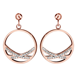 Boucles d’oreilles en acier et oxydes et PVD rose anneau avec 2 bandes en résine et strass blancs – fermoir poussette