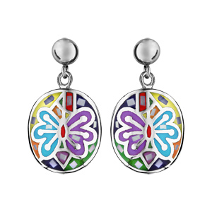 Boucles d’oreilles Stella Mia en acier et nacre ovale suspendu avec papillon multicolore – fermoir poussette