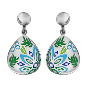 Boucles d’oreilles Stella Mia en acier et nacre goutte suspendue avec motif plantes bleu vert – fermoir poussette