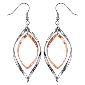 Boucles d’oreilles en acier et PVD rose double goutte évidée suspendue et fermoir crochet