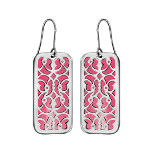 Boucles d'oreilles en acier rectangulaire motifs volutes fond rose et fermoir crochet