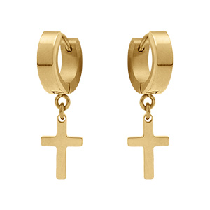Boucles d’oreille créole acier et PVD doré avec croix suspendue