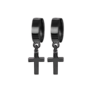 Créoles en acier et PVD noir avec croix suspendue