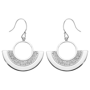 Boucles d'oreilles en acier forme géométrique anneau et demi-cercle avec cristal blanc et fermoir cr