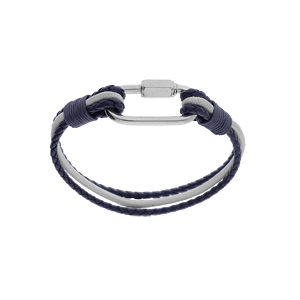 Bracelet en acier et cuir tressé bleu et un cordon blanc mousqueton vissé