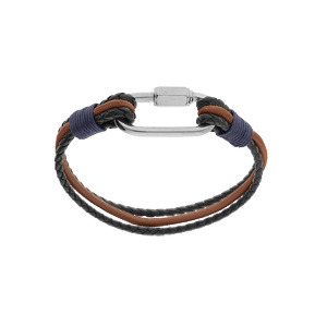 Bracelet en acier et cuir tressé noir et un cordon marron mousqueton vissé