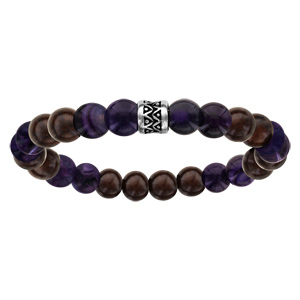 Bracelet acier élastique perles bois et quartz violet sombre