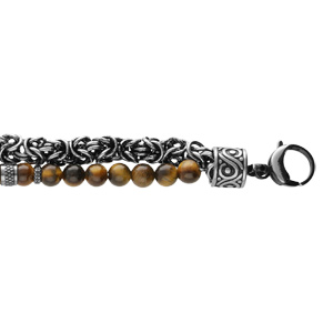 Bracelet en acier patinée maille royale et boules Oeil de Tigre 20+3cm