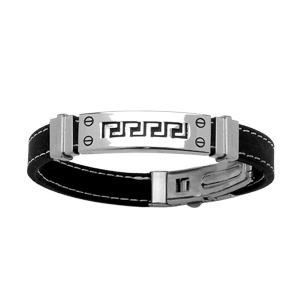 Bracelet en acier et caoutchouc avec 2 coutures blanches et plaque décorée de méandres grecs au milieu