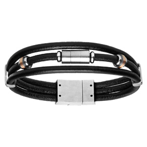 Bracelet acier et cuir noir véritable 3 rangs 21,5cm