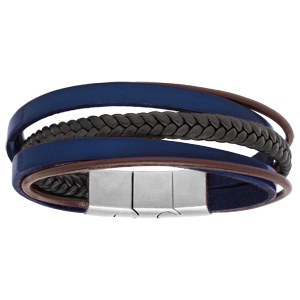 Bracelet en acier et cuir bleu très sombre, marron et tresse noir 20+1cm réglable double fermoir
