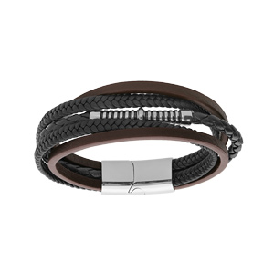 Bracelet en acier multi fils cuir marron, noir et bleu 20cm + 1cm double fermoir
