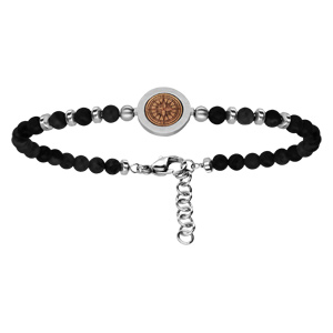 Bracelet alternant boules en acier et boules noires motif central boussole 19+2cm