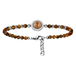 Bracelet alternant boules en acier et boules en bois avec motif central ancre marine 19+2cm