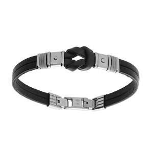 Bracelet en acier cuir noir avec noeud tranche et cordon gris 20,5cm+1,5cm double fermoir