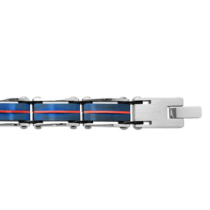 Bracelet en acier et PVD bleu et aluminium rouge 21cm réglable