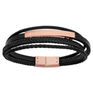 Bracelet en acier et cuir véritable plusieurs fils noir et tressé noir avec longue barrette PVD rose 20,5cm