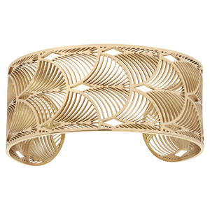 Bracelet en acier PVD jaune manchette motif « plume de paons »