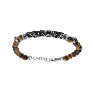 Bracelet en acier boules Oeil de tigre véritable marron et maille royale 19+2cm