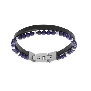 Bracelet en acier double avec cuir noir et perles Sodalite 19cm et double fermoir 20,5cm