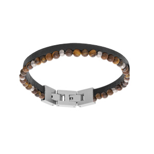 Bracelet en acier double cuir marron et perles Oeil de tigre 19cm et double fermoir 20,5cm