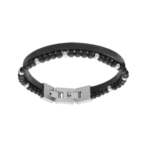 Bracelet en acier double cuir marron et perles Onyx 19cm et double fermoir 20,5cm