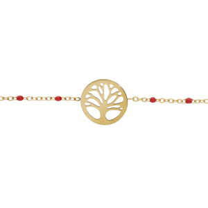 Bracelet en acier et PVD jaune chaîne avec olives couleur rouge et pastille arbre de vie 16+3cm
