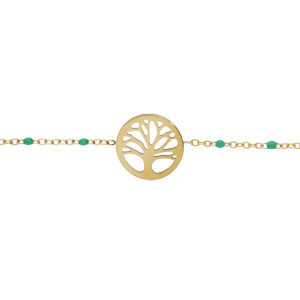 Bracelet en acier et PVD jaune chaîne avec olives couleur vert et pastille arbre de vie 16+3cm