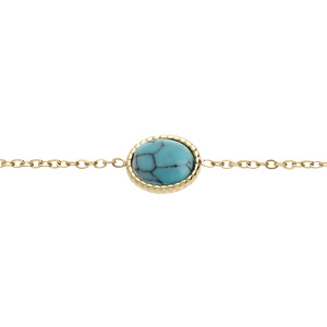 Bracelet en acier et PVD jaune chaine avec cabochon couleur turquoise de synthèse 16+3cm