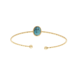 Bracelet jonc en acier et PVD jaune avec cabochon turquoise de synthèse
