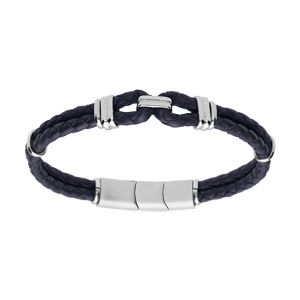 Bracelet en acier et double torsade en cuir bleu sombre double fermoir 19+1cm