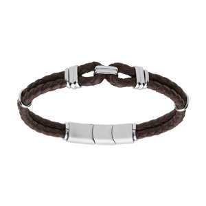 Bracelet en acier et double tresse en cuir marron et double fermoir 19+1cm