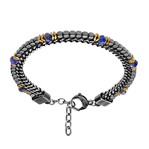 Bracelet en acier 2 rangs maille plate et cubes Hématites et boules facettées Lapis Lazuli 18+3cm