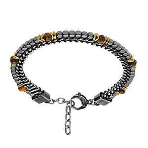 Bracelet en acier 2 rangs maille plate et cubes Hématites et boules facettées Oeil de Tigre marron 18+3cm