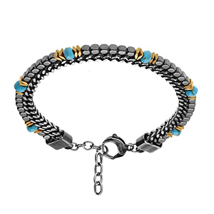 Bracelet en acier 2 rangs maille plate et cubes Hématites et boules facettés turquoise de synthèse 18+3cm