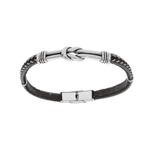 Bracelet en acier et cuir noir avec couture grise et motif noeud patiné 20cm réglable