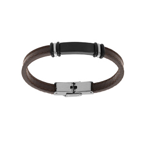Bracelet junior en acier et cuir marron avec plaque noire 16.5cm réglable