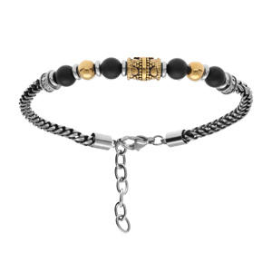 Bracelet en acier avec perles noires et jaune avec tube finement décoré 19+3cm