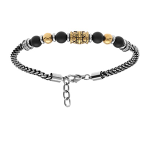 Bracelet en acier avec perles noires et jaune avec tube finement décoré 19+3cm