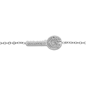 Bracelet en acier chaîne avec clef pavée d’oxydes blancs sertis 16+3cm