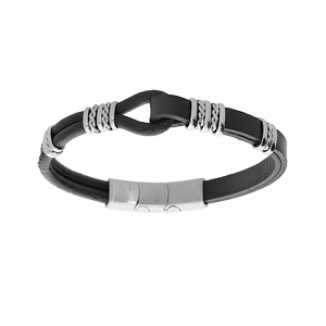 Bracelet en acier et cuir noir boucle sur le dessus et éléments torsadés 20cm + 1cm double fermoir