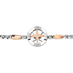 Bracelet en acier maille palmier boussole et PVD rose 18+3cm